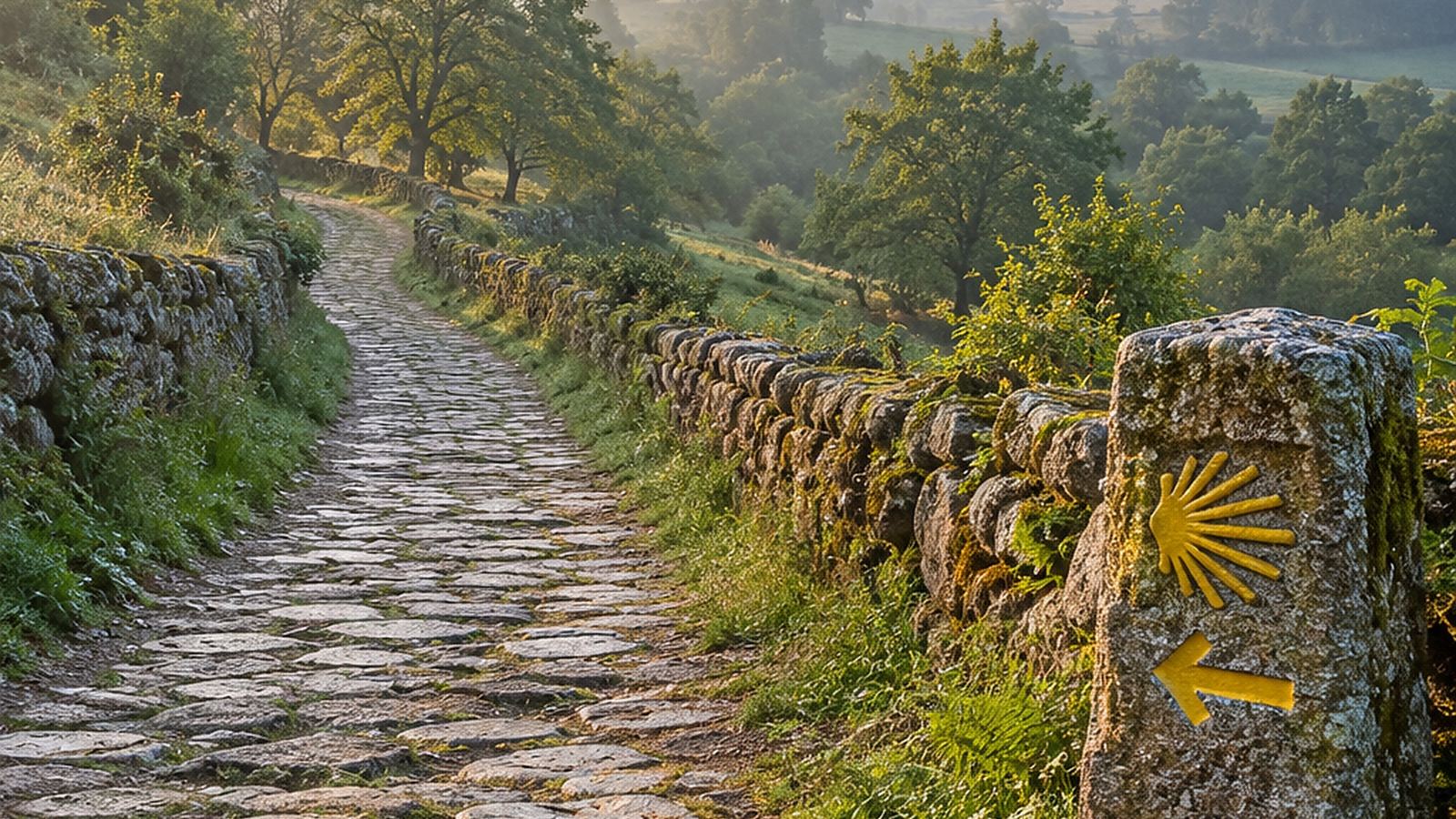 Cobbled Camino path with a stone marker and yellow scallop shell